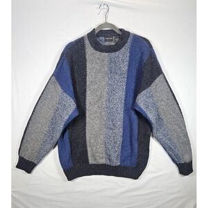 Vintage Structure 100% Wool Sweater Mens XL Colorblock Blue Gray Knit 90s